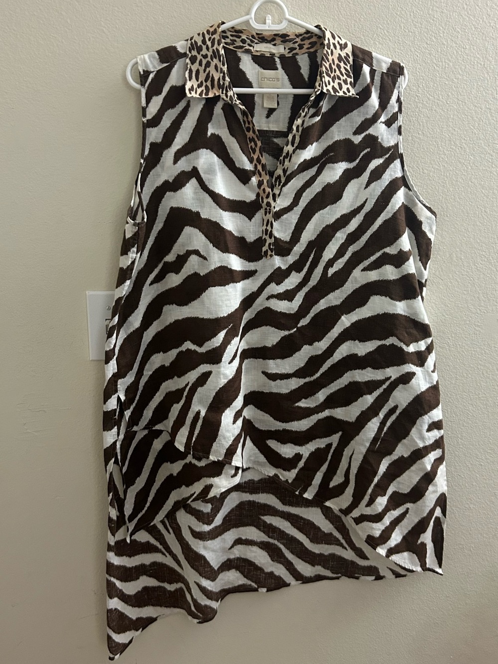 Chico’s No-Iron 100% Linen Tunic | Size 2 (L/XL) | Brown Zebra & Leopard Print